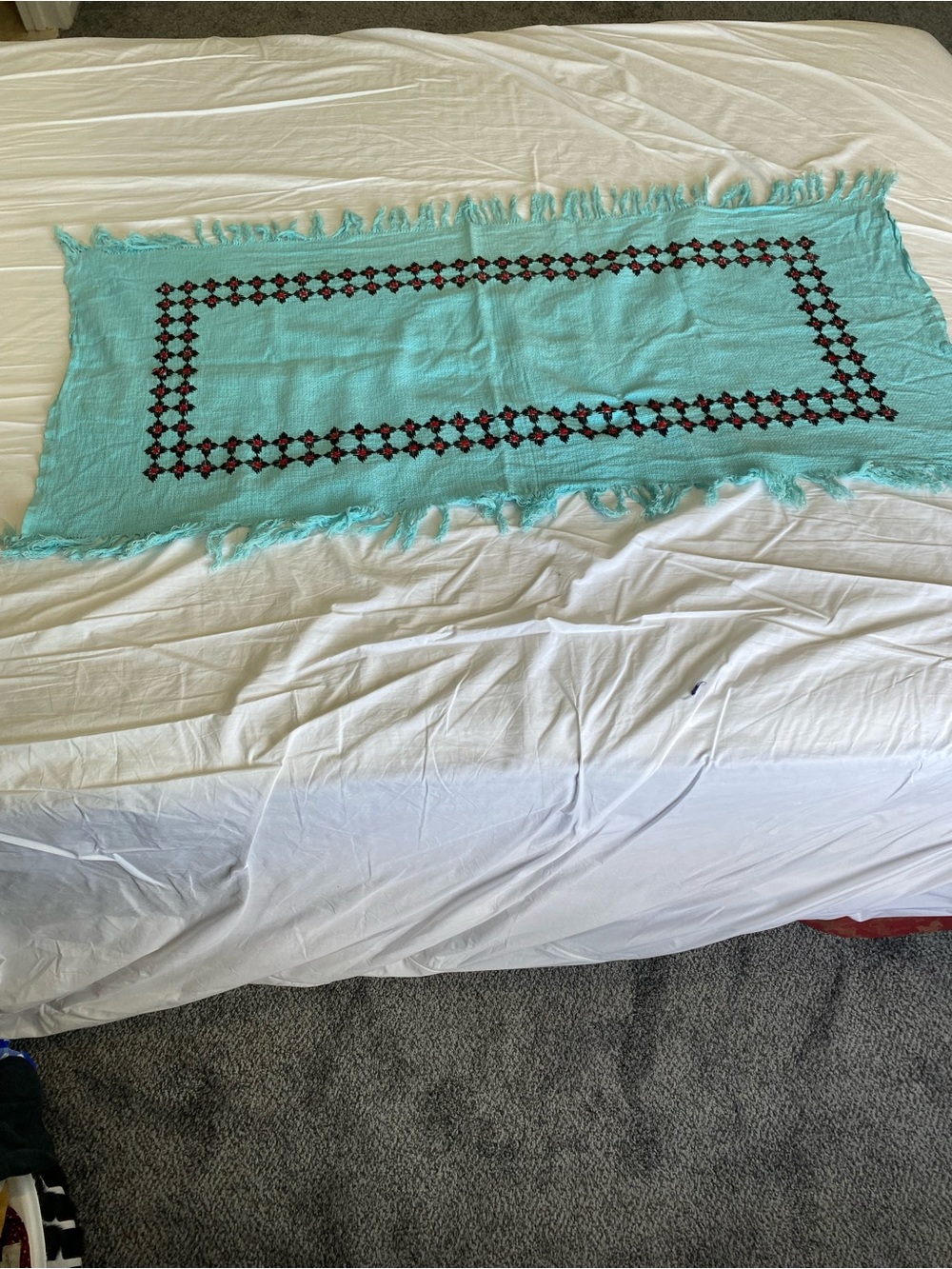 Aqua Fringed Decorative Throw with Geometric Border